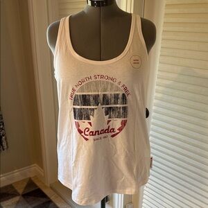 Canadiana White Tank Top “True North Strong and Free” graphic, Women’s Size L